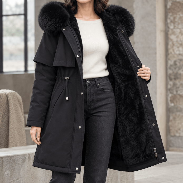 Agnes-Hope Women's Longline Hooded Winter Coat with Faux Fur Trim and Drawcord Waist