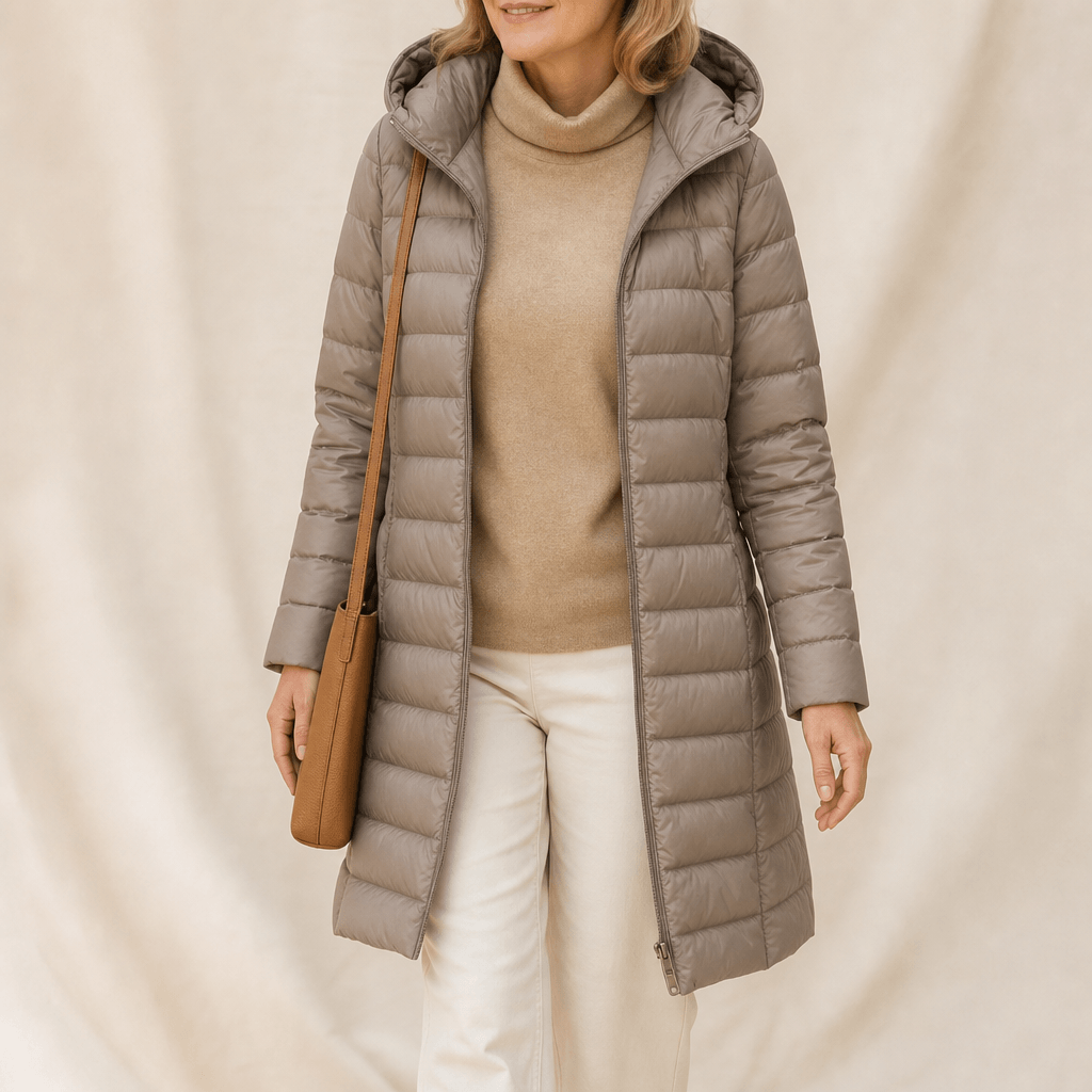 Women's Long Quilted Puffer Coat with Hood in Polyester