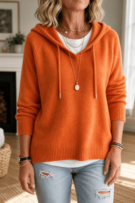 Women's Ribbed Hooded Knit Jumper with Drawstring