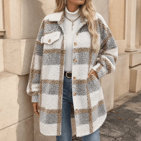 Fairloch Plaid Sherpa-Lined Mid-Length Coat with Button Front