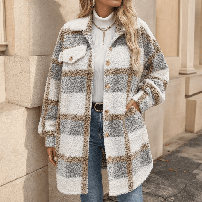 Fairloch Plaid Sherpa-Lined Mid-Length Coat with Button Front