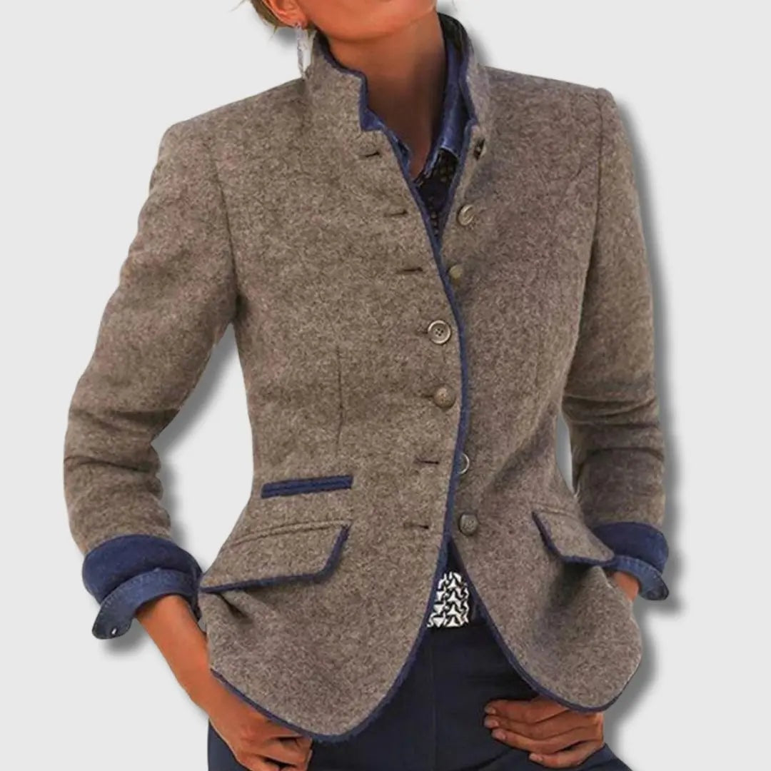 Women's Tailored Wool Blazer with Contrast Trim and Structured Fit