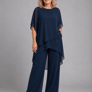 Women's Chiffon Two-Piece Co-Ord Set with Layered Top and Wide-Leg Trousers