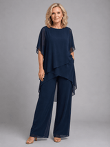Women's Chiffon Two-Piece Co-Ord Set with Layered Top and Wide-Leg Trousers