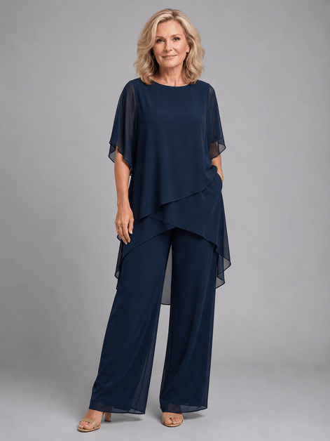 Women's Chiffon Two-Piece Co-Ord Set with Layered Top and Wide-Leg Trousers