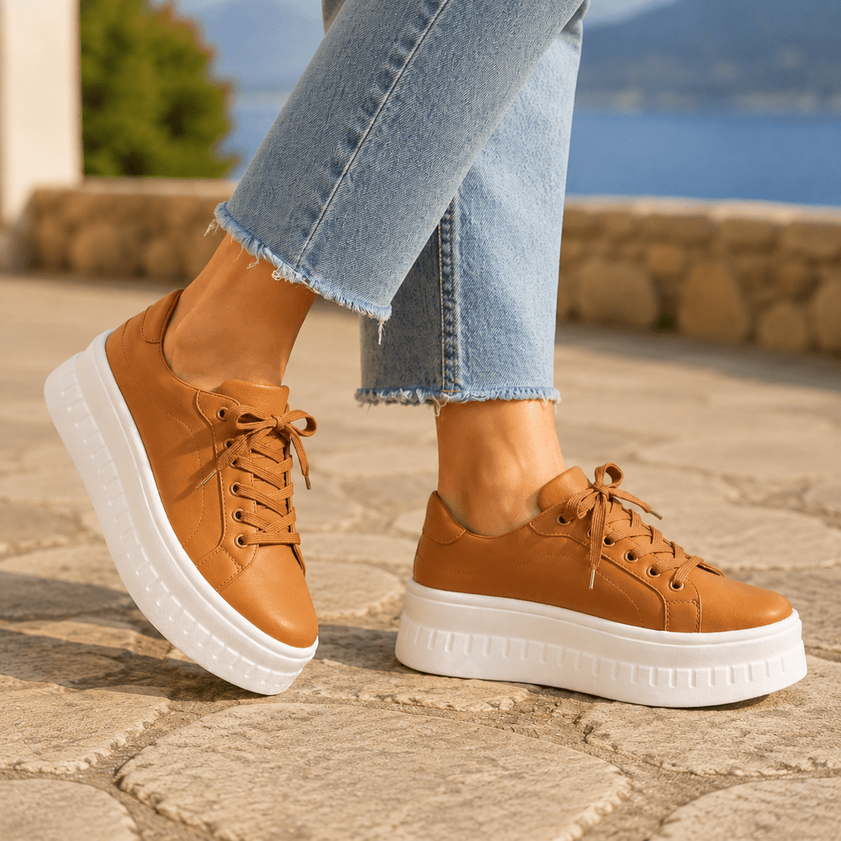 Women's Cushioned Faux Leather Sneakers with Platform Sole and Lace-Up Closure