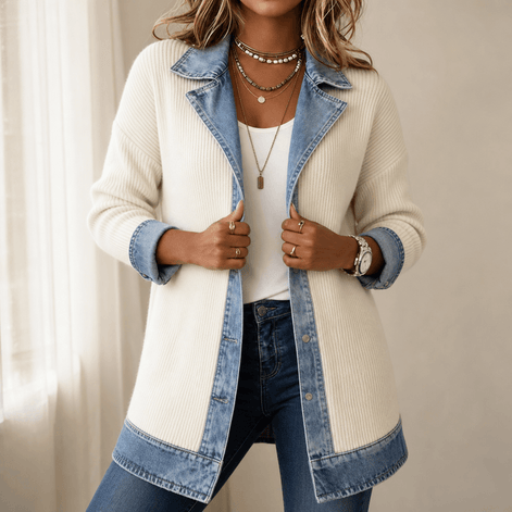 Ribbed Knit Longline Cardigan Coat with Denim Panel Detail