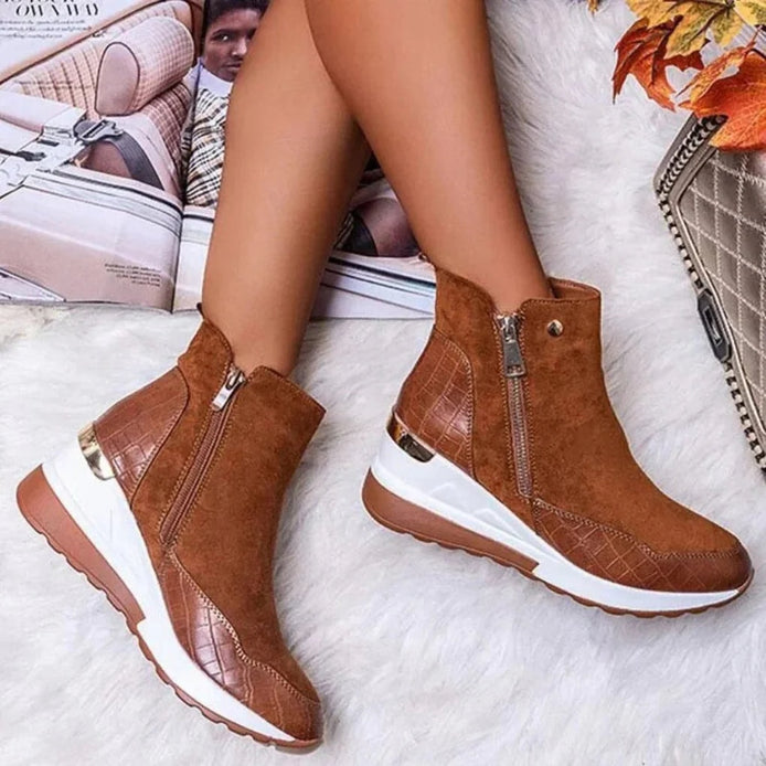 Women's Wedge Ankle Boots with Croc-Effect Panels and Side Zips
