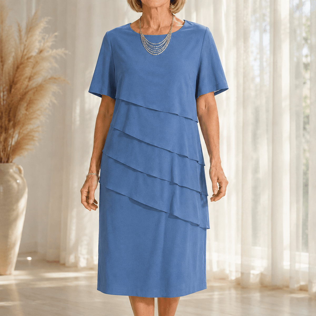 Florenza Tiered Chiffon-Look Women's Midi Dress with Flutter Sleeves