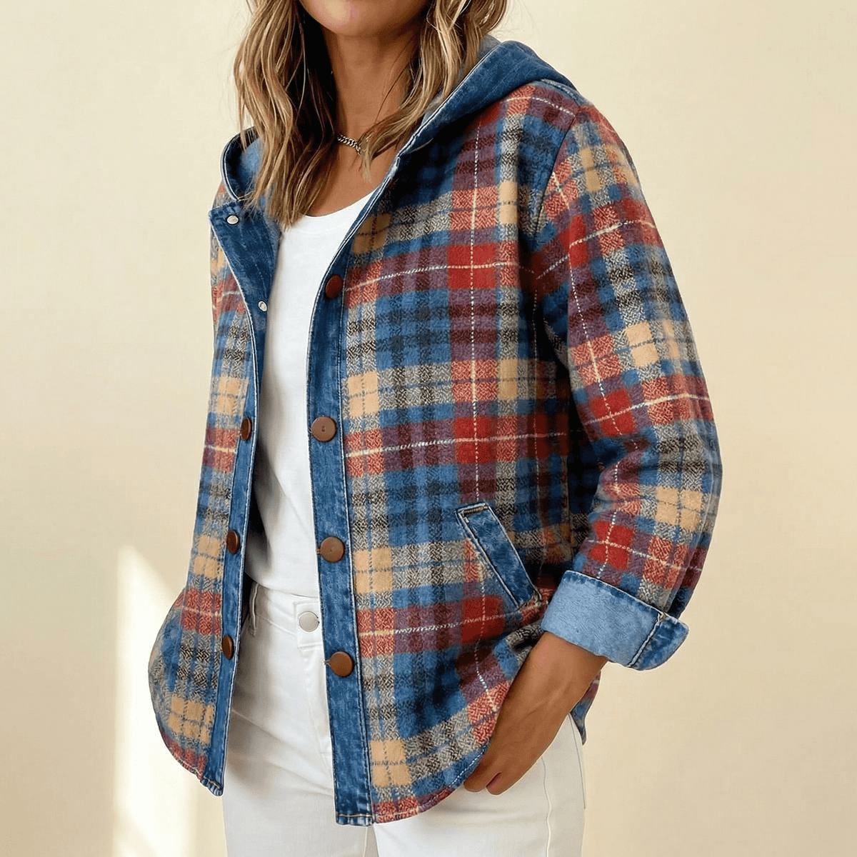 Weslyn Plaid Hooded Shacket with Denim Trim