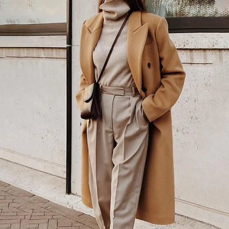 Pam Double-Breasted Long Wool-Blend Winter Coat for Women with Lapel Collar