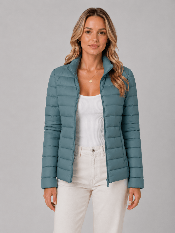 Slim Fit Lightweight Puffer Jacket with Stand Collar for Women