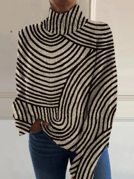 Women's Striped Roll-Neck Knitted Jumper with Contrast Pattern