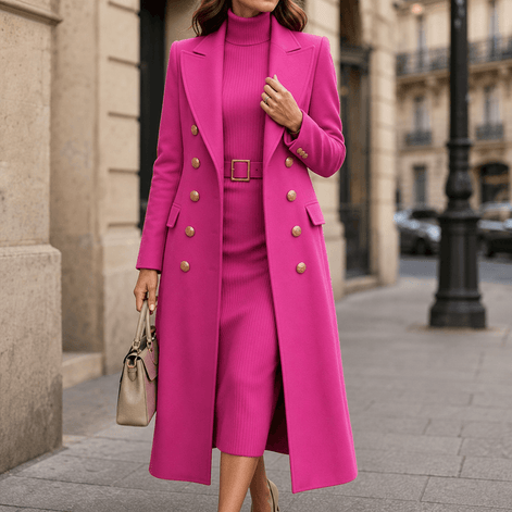 Women's Double-Breasted Structured Longline Wool-Look Coat with Gold Buttons