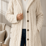Cable-Knit Textured Hooded Longline Coat with Button Hems