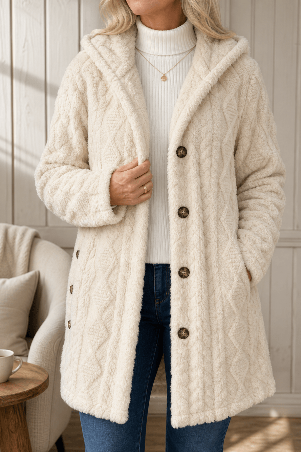 Cable-Knit Textured Hooded Longline Coat with Button Hems