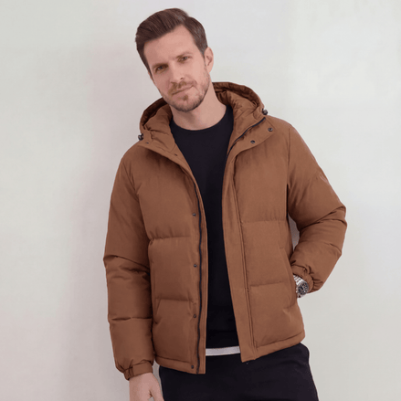 Men's Hooded Puffer Jacket with Adjustable Hood and Zip Closure