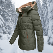 Women's Quilted Polyester Puffer Jacket with Faux Fur Trim Hood