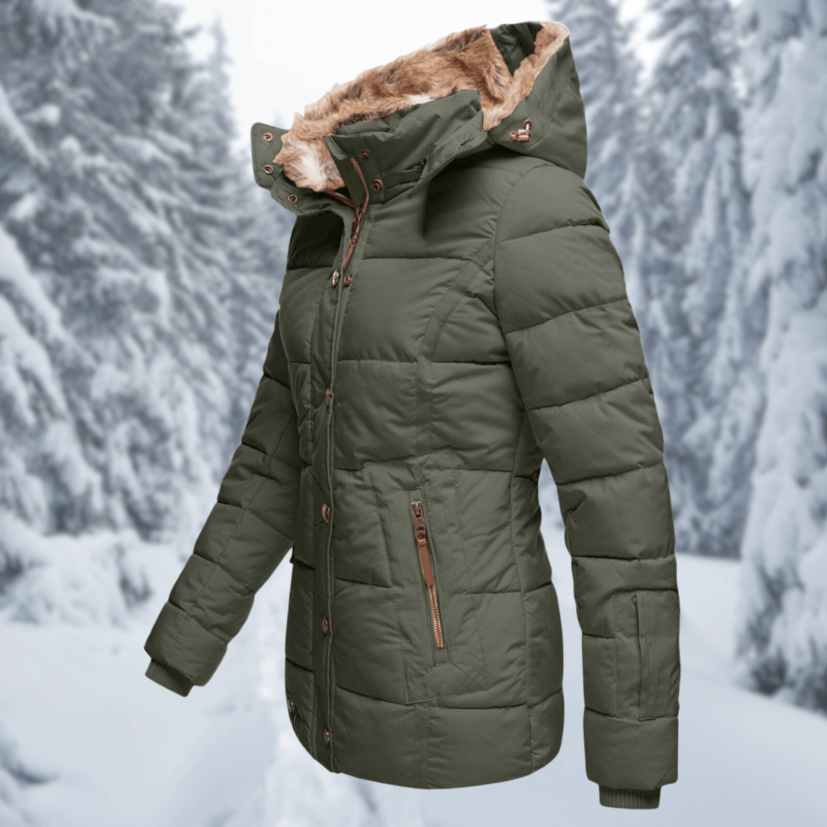 Women's Quilted Polyester Puffer Jacket with Faux Fur Trim Hood