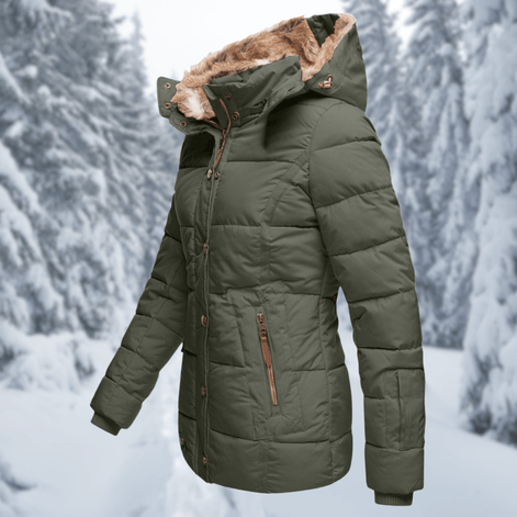 Women's Quilted Polyester Puffer Jacket with Faux Fur Trim Hood