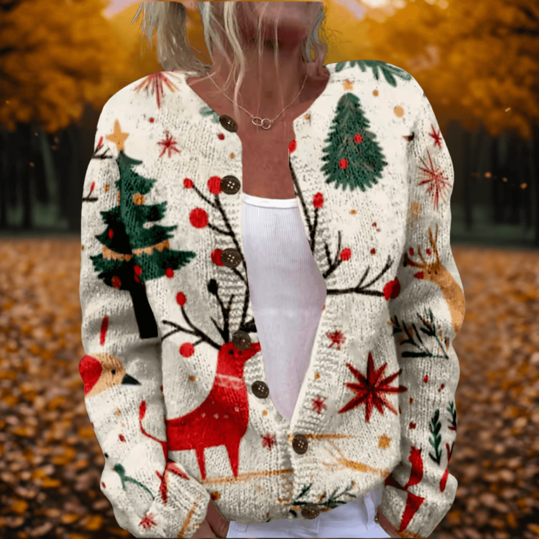 Sandra Reindeer Print Women's Knitted Cardigan with Button Front