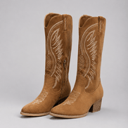 Suede Western Cowboy Knee-High Boots with Block Heel and Embroidered Stitching