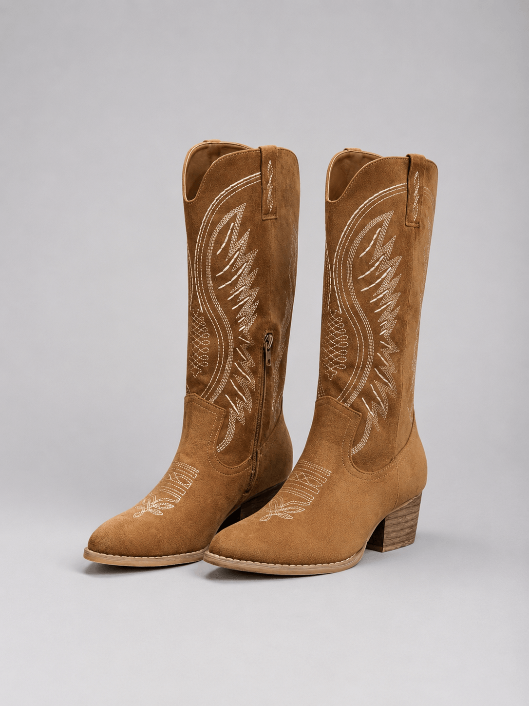Suede Western Cowboy Knee-High Boots with Block Heel and Embroidered Stitching
