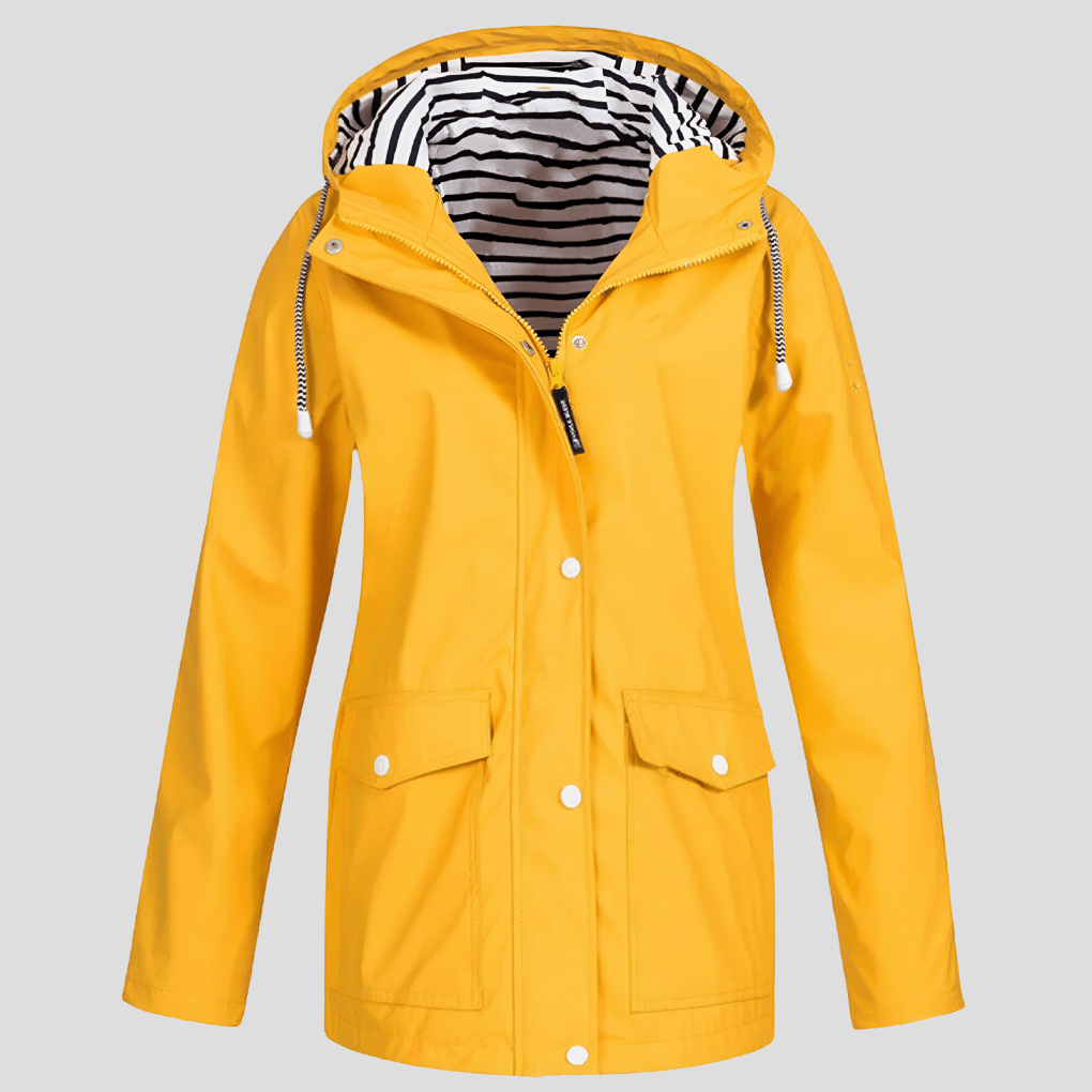 Women's Waterproof Hooded Rain Jacket with Zip Front and Snap Button Pockets