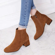 Women's Suede Block Heel Ankle Boots with Side Zip