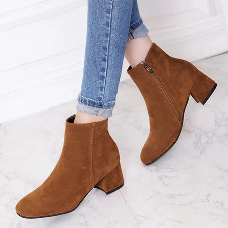 Women's Suede Block Heel Ankle Boots with Side Zip