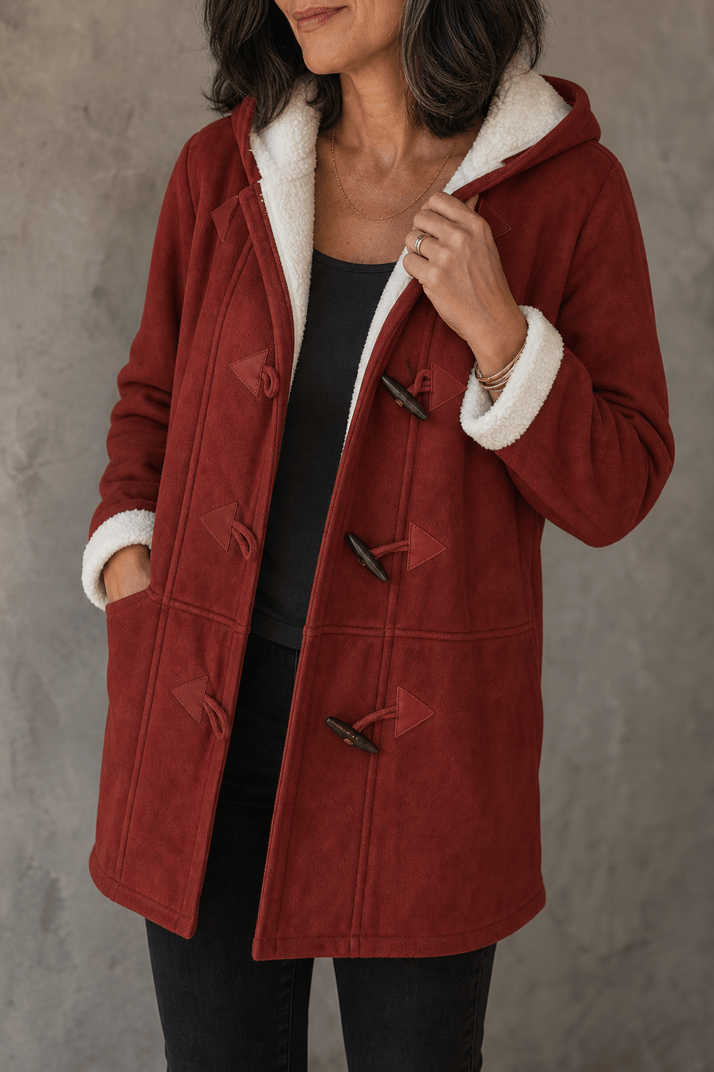 Women's Hooded Faux Suede Toggle Coat with Plush Sherpa Lining