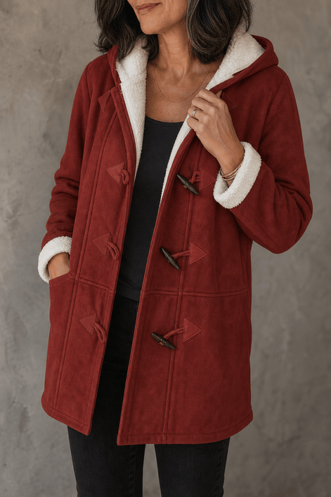 Women's Hooded Faux Suede Toggle Coat with Plush Sherpa Lining