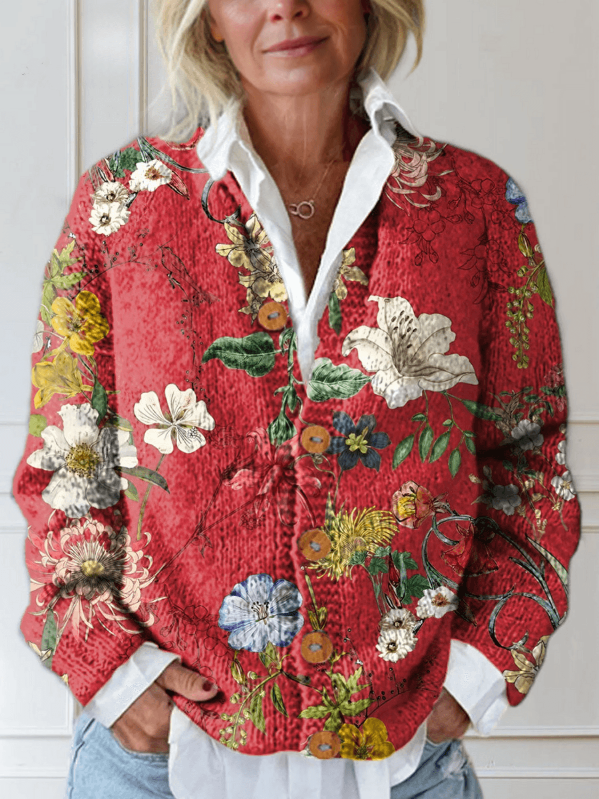 Lena Floral Print Button-Down Knitted Cardigan for Women