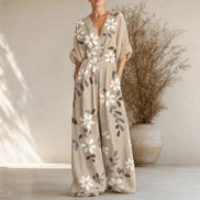 Floral Print Wide-Leg Jumpsuit with Cinched Waist and Pockets