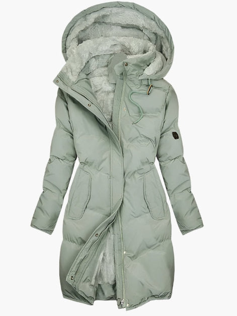 Women's Faux Fur Hooded Padded Long Coat with Drawstring Waist