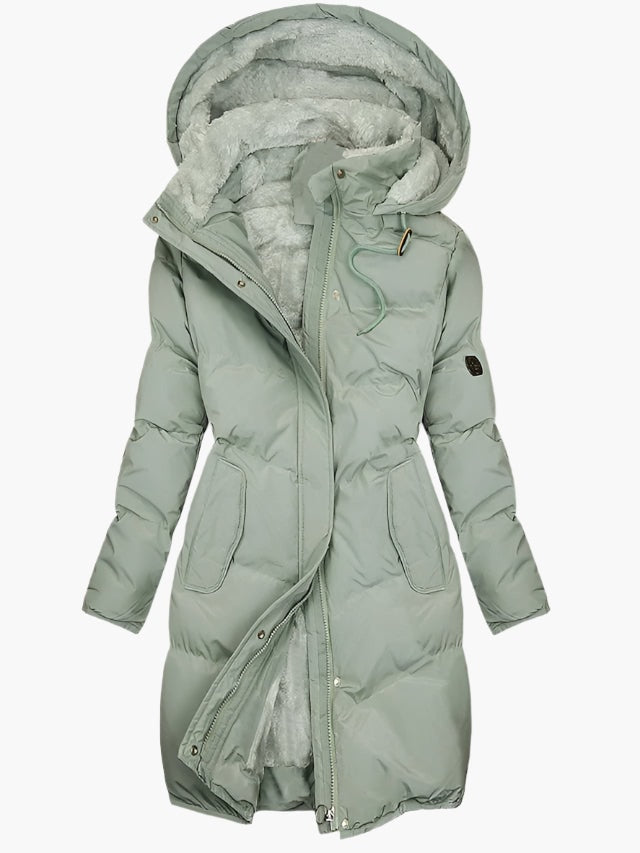 Women's Faux Fur Hooded Padded Long Coat with Drawstring Waist