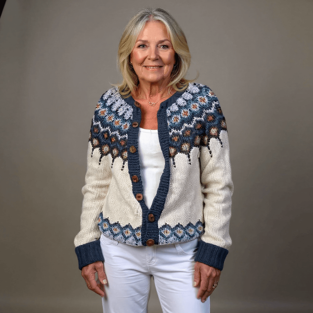 Kara Women's Fair Isle Yoke Knitted Cardigan with Wooden Buttons