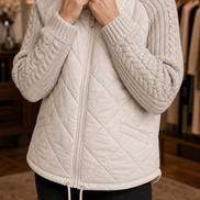 Women's Knit-Panel Quilted Puffer Jacket with Ribbed Cuffs