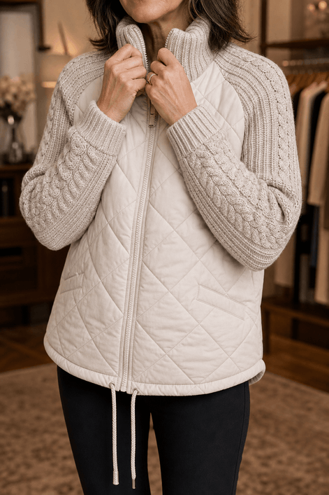 Women's Knit-Panel Quilted Puffer Jacket with Ribbed Cuffs