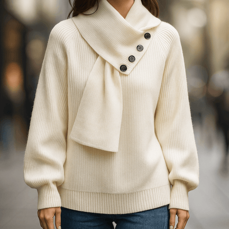 Women's Ribbed Knit Jumper with Draped Scarf-Neck Collar