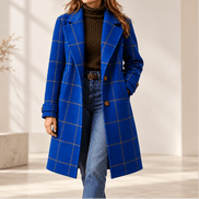 Women's Checkered Knee-Length Coat with Two-Button Front and Drop Shoulders