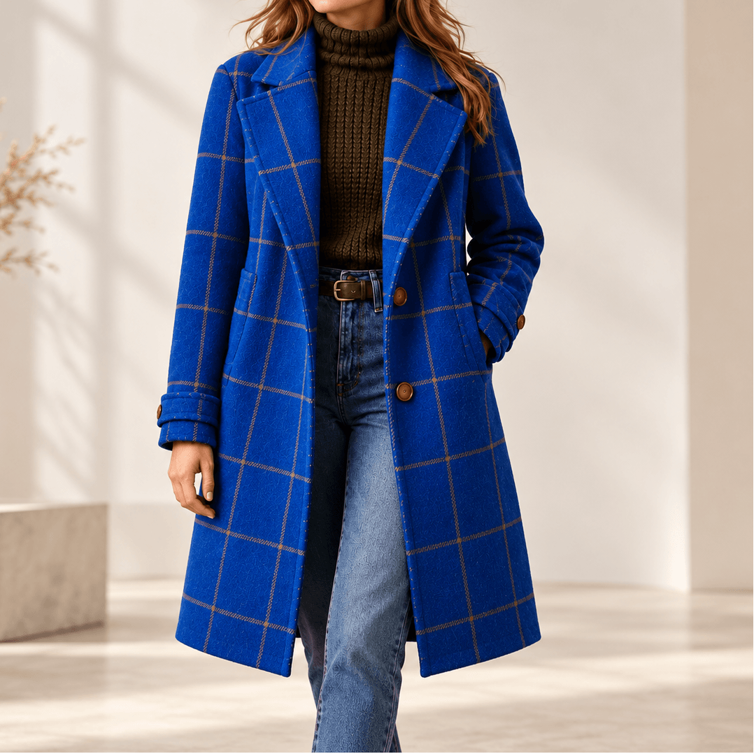 Women's Checkered Knee-Length Coat with Two-Button Front and Drop Shoulders