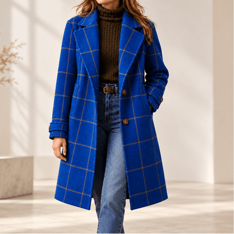 Women's Checkered Knee-Length Coat with Two-Button Front and Drop Shoulders
