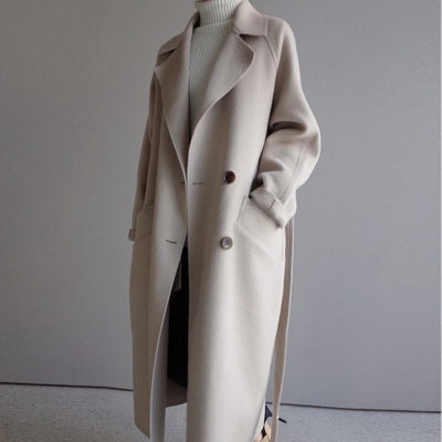 Longline Double-Breasted Women's Wool Blend Coat for Winter