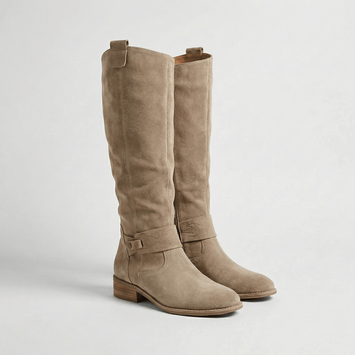 Women's Knee-High Slouch Boots with Buckle Strap Detail in Suede-Look Finish