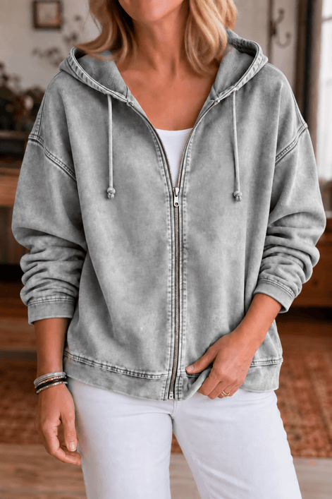 Women's Washed Relaxed Zip-Up Hoodie Jacket with Lined Hood