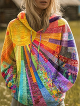 Women's Sunburst Patchwork Print Hooded Sweatshirt with Drawstring