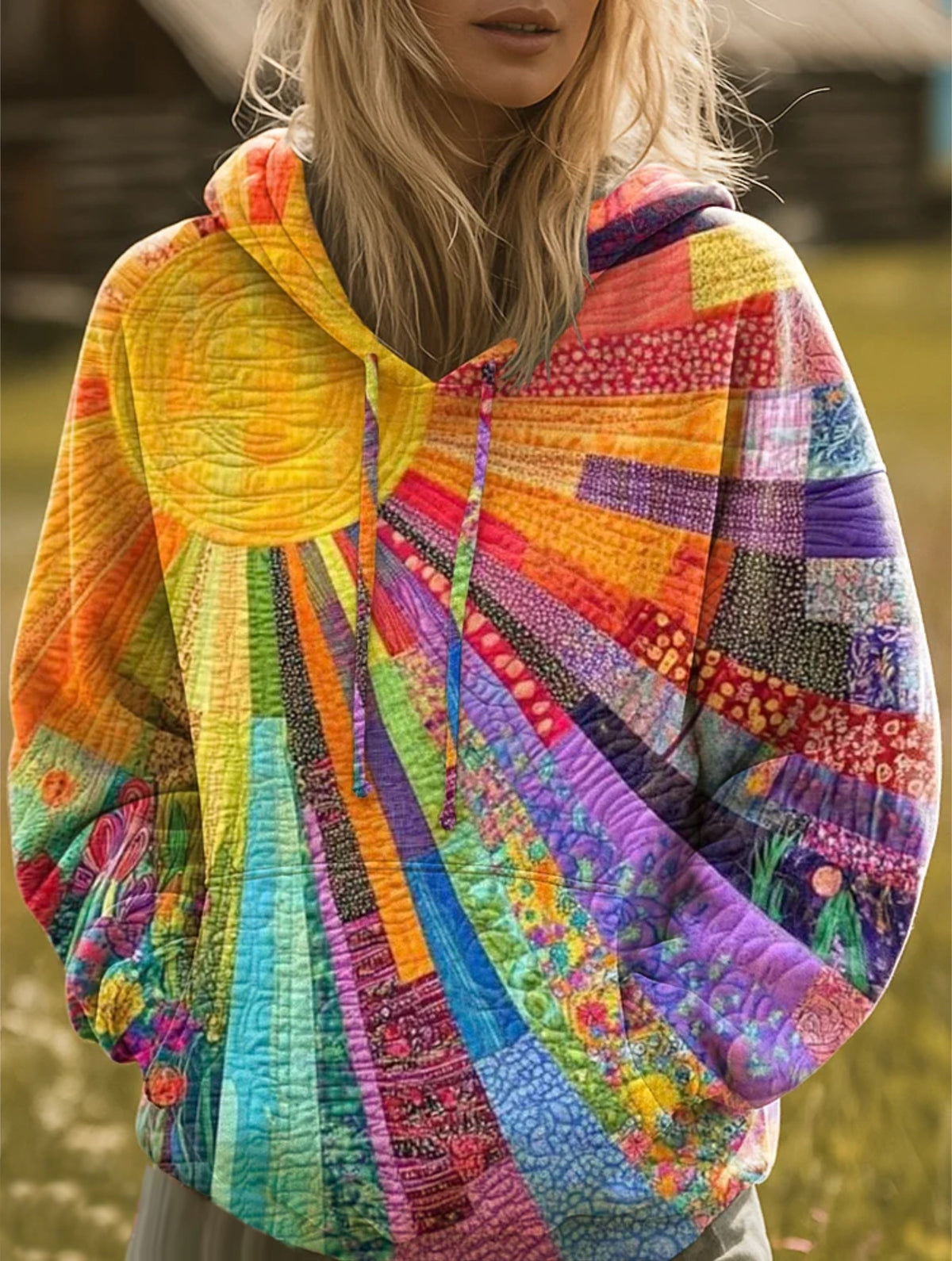 Women's Sunburst Patchwork Print Hooded Sweatshirt with Drawstring