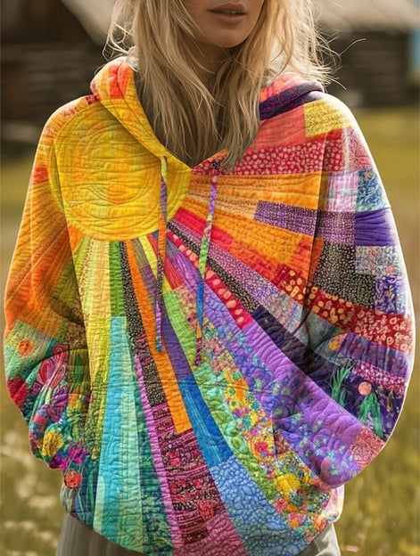 Women's Sunburst Patchwork Print Hooded Sweatshirt with Drawstring