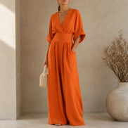 Wide Leg V-Neck Jumpsuit with Pleated Waist Sash for Women